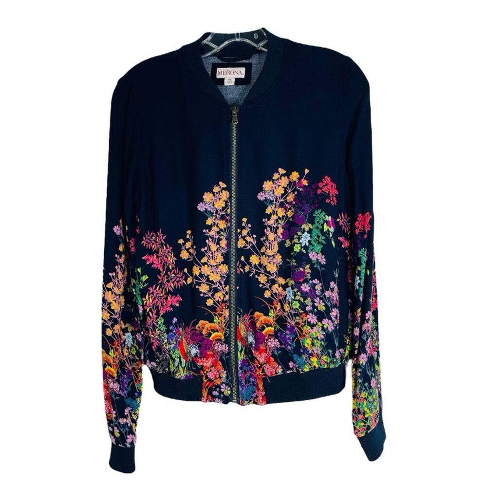 Vintage Merona blue pink floral lightweight cropped zip jacket XS